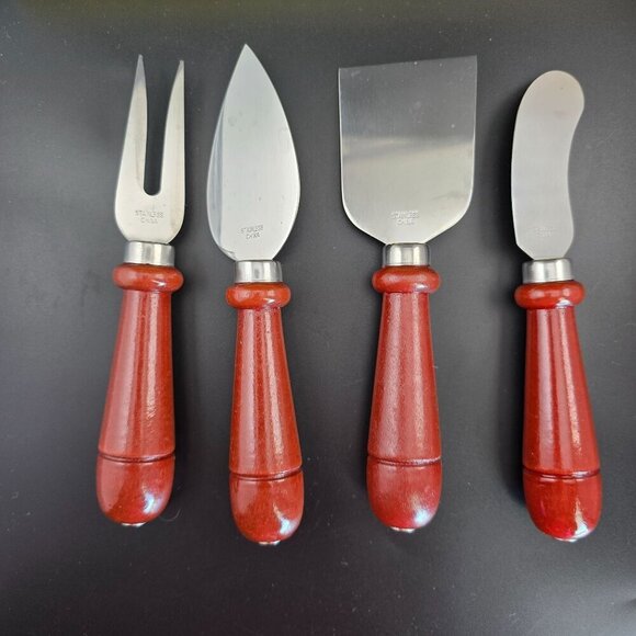 Other - 4-Piece Stainless Steel Cheese Knife Set With Red Wooden Handles Charcuterie